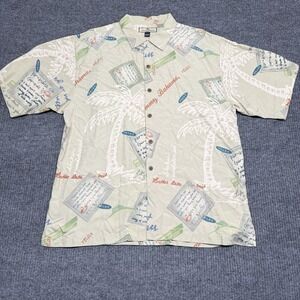 Tommy Bahama Swingers Club Silk Camp Shirt Postcard Print Beige Size L Paradise